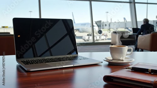 Business Travel Lounge with Laptop Coffee and Notebook Next to Large Window Overlooking Airport Tarmac and Airplane Boarding Gate