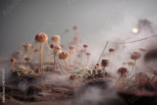 A mold colony in a post-apocalyptic wasteland, spores creating a toxic fog.
