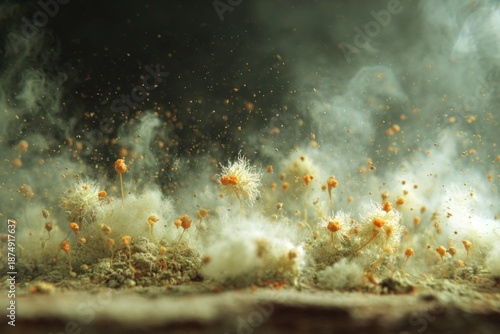 A mold colony in a post-apocalyptic wasteland, spores creating a toxic fog.