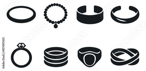 Simple silhouette jewelry set featuring rings, bracelets, and a necklace for design elements