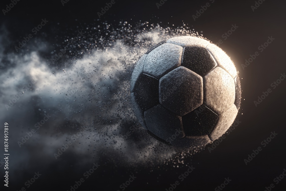 Fototapeta premium A soccer ball streaks through the air, leaving a trail of particles against a dark backdrop