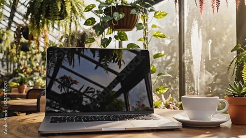 Open Laptop and Steaming Coffee Cup on a Wooden Table in a Lush Greenhouse with Sunlight Streaming Through Glass Panes