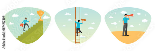 Woman success concept. Growth step to progress overcome challenge. Discover new idea.