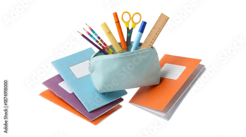 Fotografía brightly colored school supplies spill from a teal pencil case onto a pile of assorted notebooks and a ruler, emphasizing learning and creativity