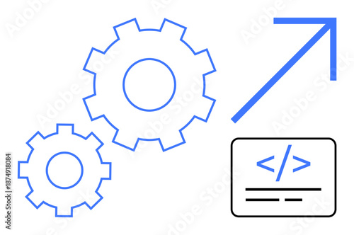 Business growth, software development, process optimization, technical innovation, coding, strategy improvement. Two blue gears, a coding box and an upward arrow. Software development and business
