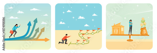 Career decision concept. Start new business journey. Decision between pay off mortgage or invest.