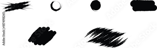 Set of black ink brush strokes and abstract paint texture isolated on white background
