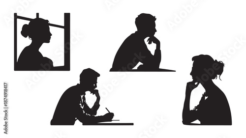 Pensive People Silhouettes in Contemplative Mood with Stark Black and White Contrast as Vector Graphic for Problem Solving and Education.