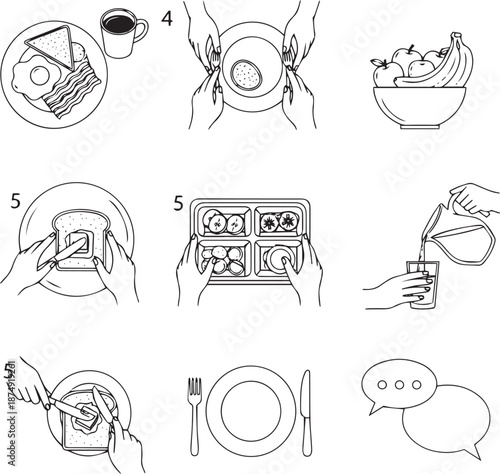 Line of breakfast food and meal preparation line cooking