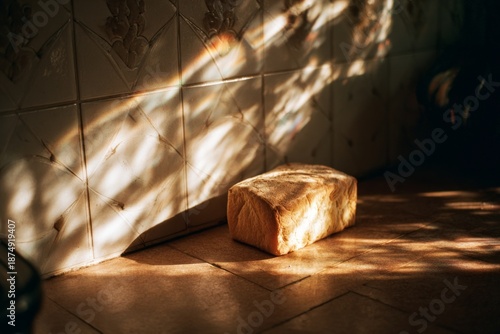 A moldy loaf of bread on a kitchen counter, spores drifting into the sunlight.