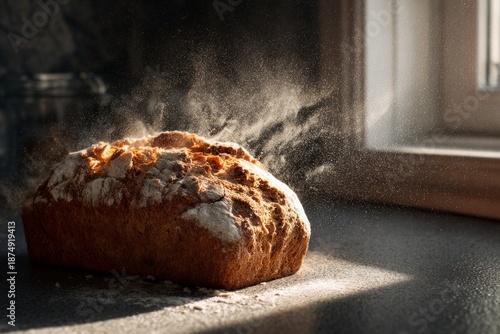A moldy loaf of bread on a kitchen counter, spores drifting into the sunlight.