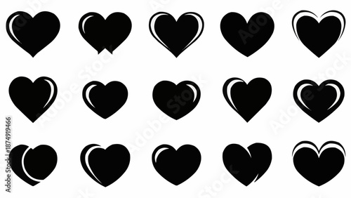Collection of Black Heart Icons on White Background.