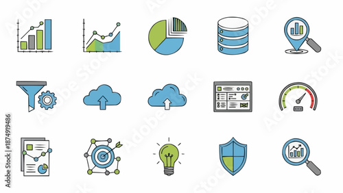 Collection of business and data analysis icons for digital presentation.