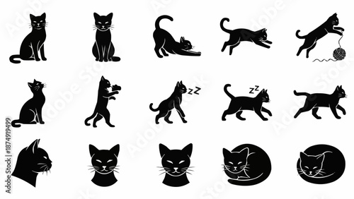 Collection of Black Cat Silhouettes in Various Poses.