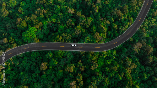 Fotografi Aerial view of dark green forest road and white electric car Natural landscape a