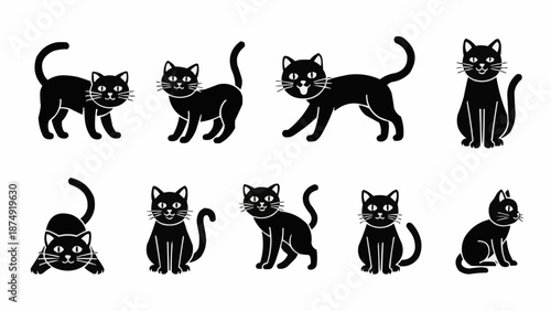 Collection of Black Cat Silhouettes in Various Poses.