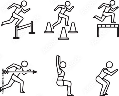 Six athletic figures in various sports poses running