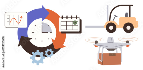 Supply chain, logistics management, delivery systems, automation, planning, efficiency. Clock cycle with gears, calendar forklift and quadcopter with package. Supply chain and logistics management
