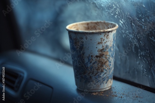 A moldy coffee cup in a car, spores escaping when the door is opened.