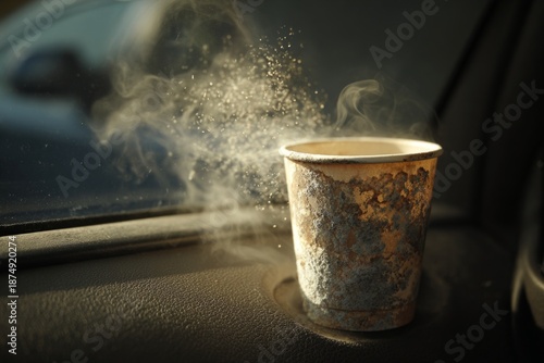 A moldy coffee cup in a car, spores escaping when the door is opened.