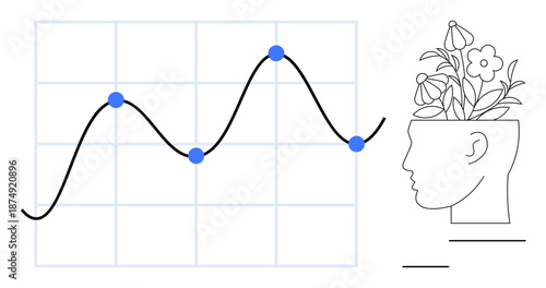 Line graph with curve and blue data points alongside a head profile sprouting flowers. Ideal for growth, creativity, innovation, data trends, personal development, analytics, simple flat metaphor