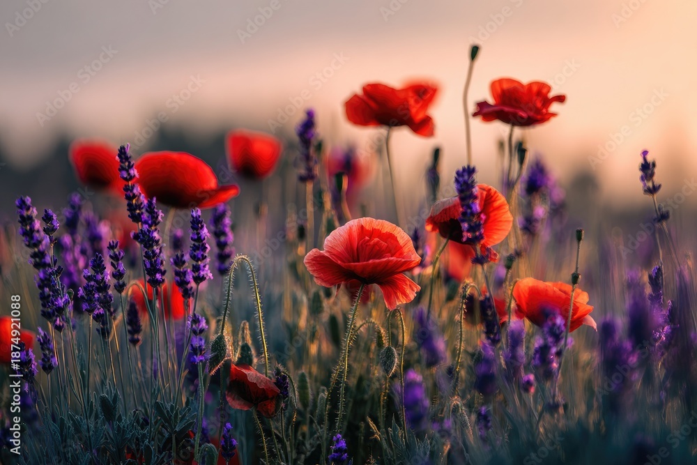 Obraz premium Close-up of vibrant red poppies and purple lavender in a blurred, sunset-lit meadow