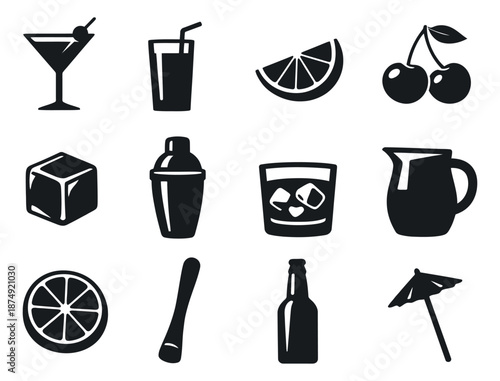 Modern silhouette cocktail bar essentials set featuring glasses, fruits, and bar tools for beverage menus and designs