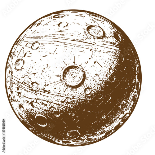 Drawing Vintage Brown moon with craters and scratches on surface  illustration of a lunar body