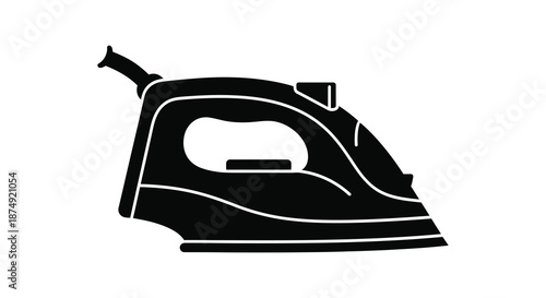 A striking black and white depiction of a domestic clothing iron presented as a silhouette