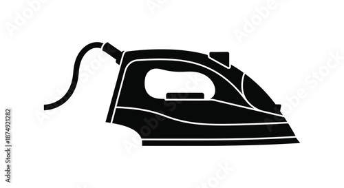 A striking black and white illustration of a classic household iron depicting a silhouette