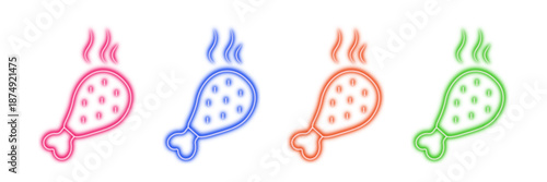 Neon glowing chicken drumstick vector icons set, food, meal, dinner, restaurant, hot, cooked, delicious, vibrant colorful digital design illustration on transparent background.