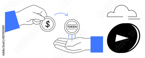 Digital economy, online transactions, cryptocurrency, blockchain technology, digital exchanges, finance innovation. Hand offering coin and token, cloud and play icon. Digital economy and online