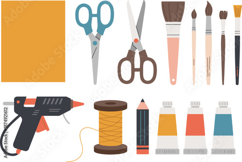 Art and craft tools illustration, creative handmade supplies, scissors, paint brushes, glue gun, stationery materials, flat vector set