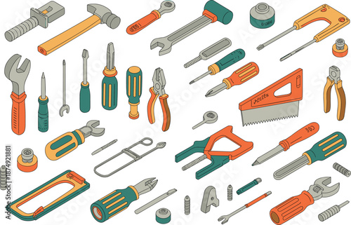 Isometric hand tools illustration, professional repair equipment set, wrenches, screwdrivers, pliers, workshop instruments, mechanical maintenance vector collection