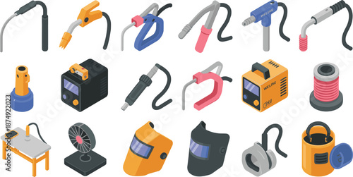 Isometric welding tools and equipment illustration, industrial repair devices, metalworking machinery, workshop instruments, manufacturing technology, professional vector set