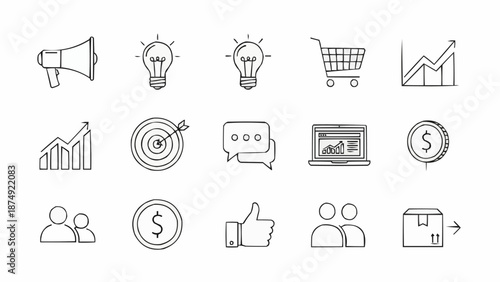 Collection of Business and Marketing Icons Hand Drawn Style.