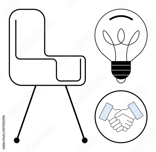 Business growth, creative collaboration, office environment, teamwork, innovation, problem-solving. Minimalist chair, lightbulb and handshake icons. Business growth and creative collaboration