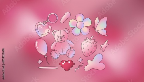 Cute Y2K Aesthetic Sticker Set with Pink Teddy Bear, Heart, and Holographic Objects
