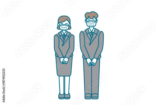 マスクをして立っているスーツ姿の男女のイラスト