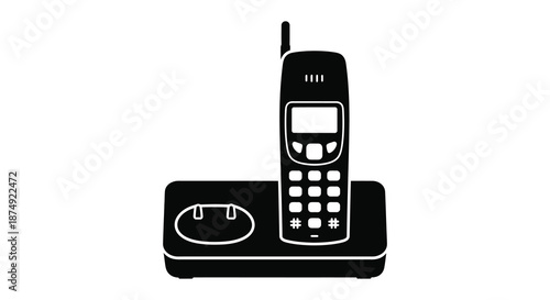 A striking black and white depiction of a vintage cordless telephone stark silhouette