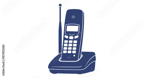 A dark blue illustration of a classic cordless telephone with antenna a striking silhouette