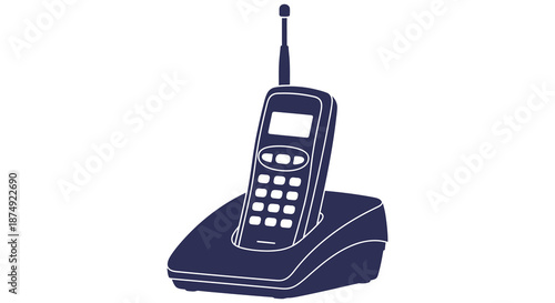 A dark blue illustration of a vintage cellular phone and charging base silhouette