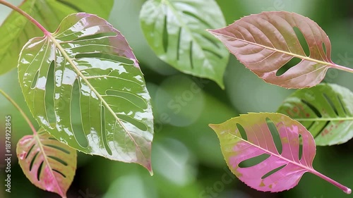 Close Up Leaves In Green Pink Hue Variegated.