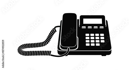 A classic black desk telephone shown in a stark distinct visual representation silhouette