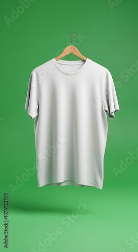 A white t-shirt hanging on a wooden hanger against a vibrant green background