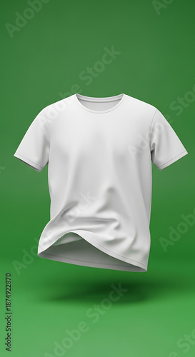 A white t-shirt floating against a green background