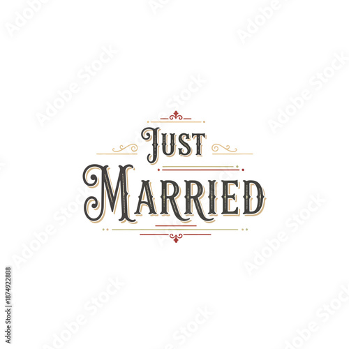 Decorative 'Just Married' vector emblem with flourishes, perfect for wedding love celebration