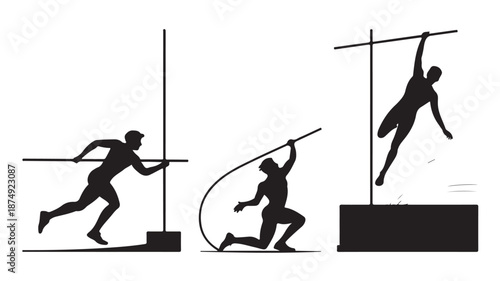 Pole vaulting athlete in dynamic silhouette style with stark black and white graphic illustration for sports event promotion.