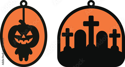 Pumpkin Grave Sun Catcher Bundle SVG, Cute Halloween Window Scene Decor, Laser Cut File Glowforge, Stained Glass Acrylic Ornament