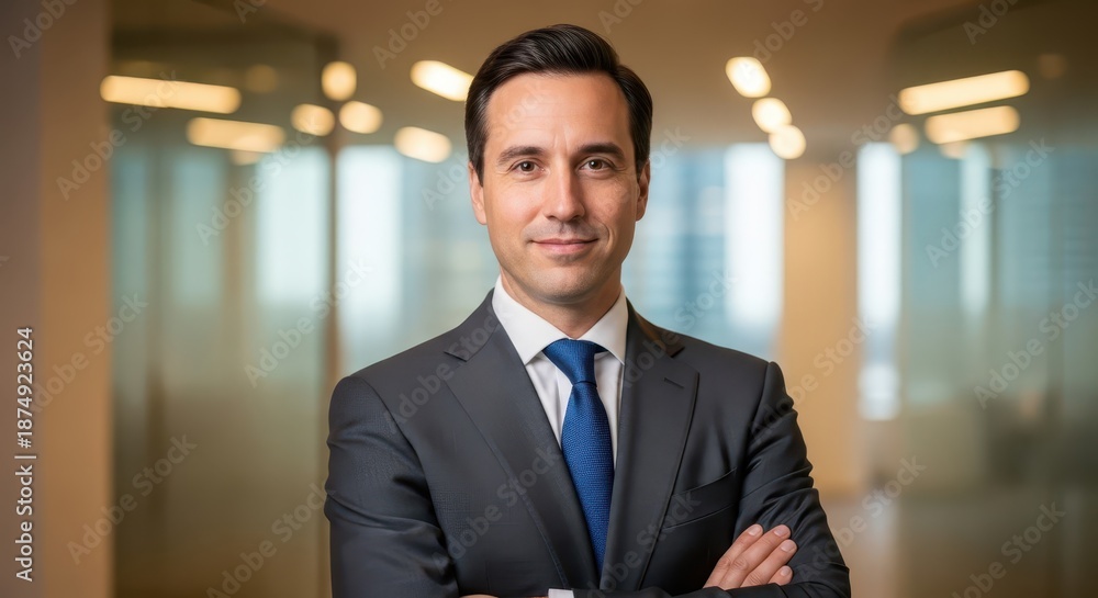 Fototapeta premium Professional male executive poses confidently with arms crossed in a modern office setting